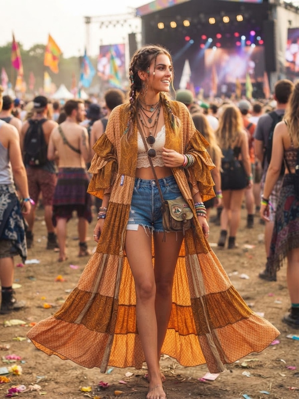 Patchwork Festival Boho Tiered Phoenix Maxi Kimono Duster in Amber Fall Colors